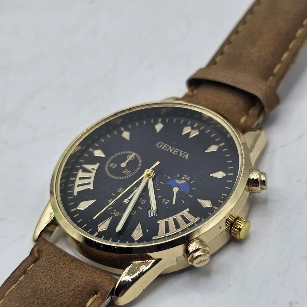 Geneva Mens Watch Brown Leather Band Runs Great